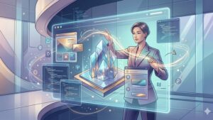 Футуристичная 3D-иллюстрация с элементами WebGL для статьи о трендах дизайна сайтов 2026 года
