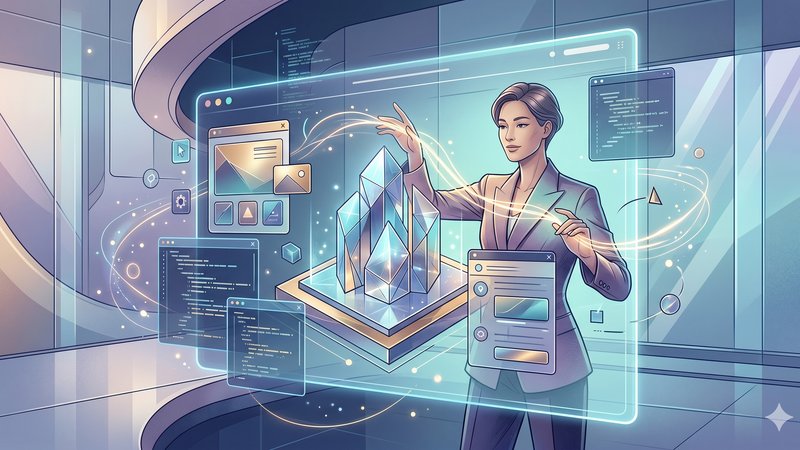 Футуристичная 3D-иллюстрация с элементами WebGL для статьи о трендах дизайна сайтов 2026 года